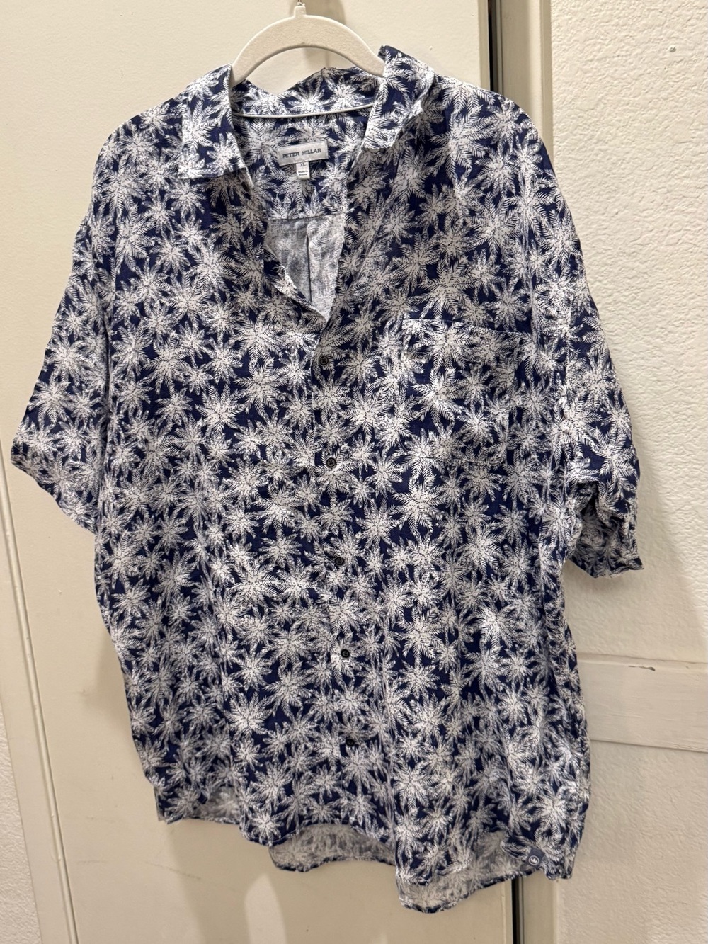 Peter Millar Navy & White Palm-Print Short-Sleeve Shirt 100% linen XL